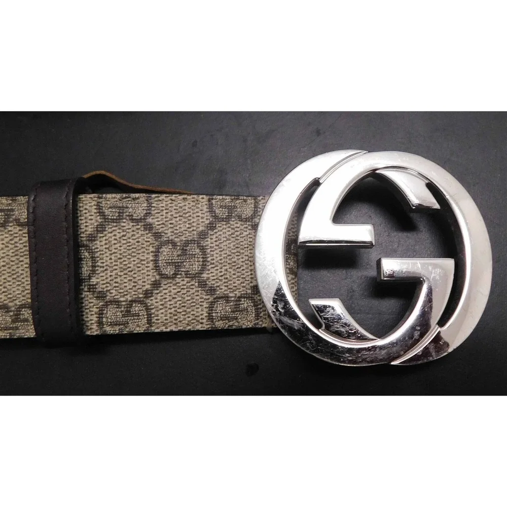 Gucci Silver GG Belt Buckle Brown Monogram‎ Canvas Leather Belt sz 40 euro 100